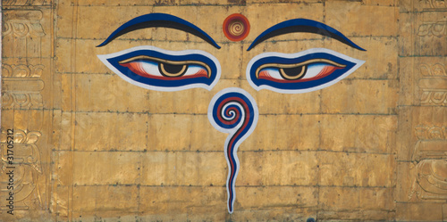 Buddha eyes painted on Swayambhunath stupa, Kathmandu, Nepal.