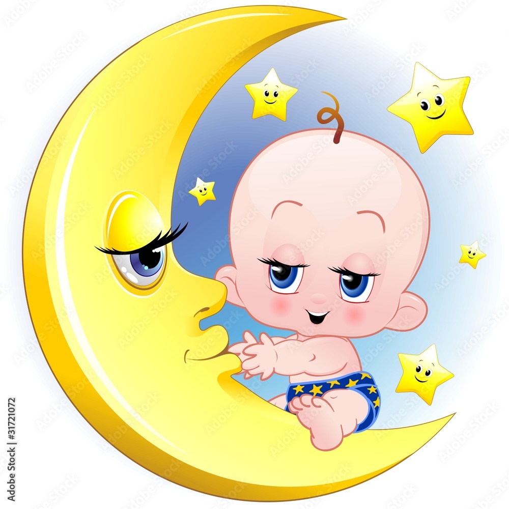 Obraz premium Bambino Neonato e Luna Cartoon-Baby with Moon-Vector