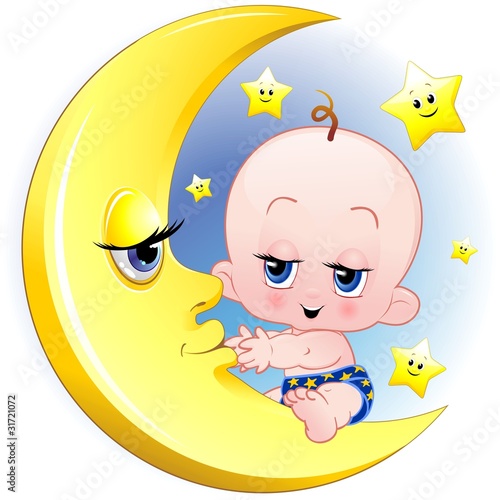 Bambino Neonato e Luna Cartoon-Baby with Moon-Vector photo