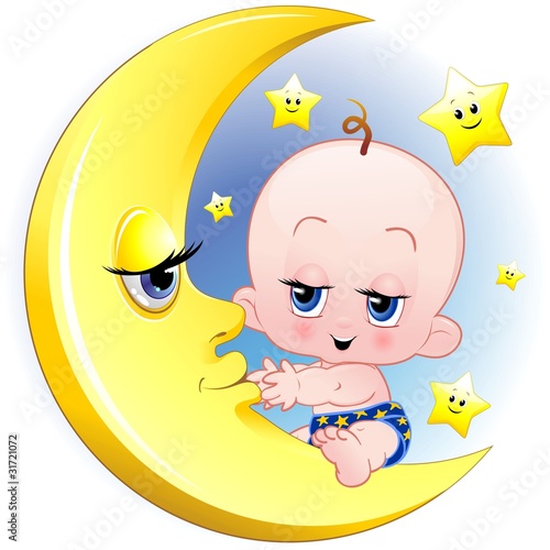 Bambino Neonato e Luna Cartoon-Baby with Moon-Vector