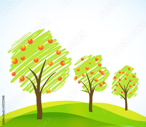 abstract brushed trees with fruits