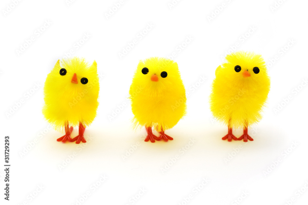Three yellow easter chicks in a row