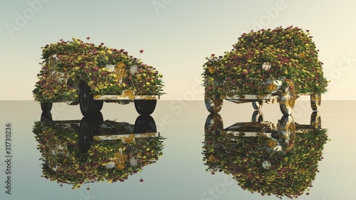 Zwei Autos mit Blumen bewachsen und Spiegelung
