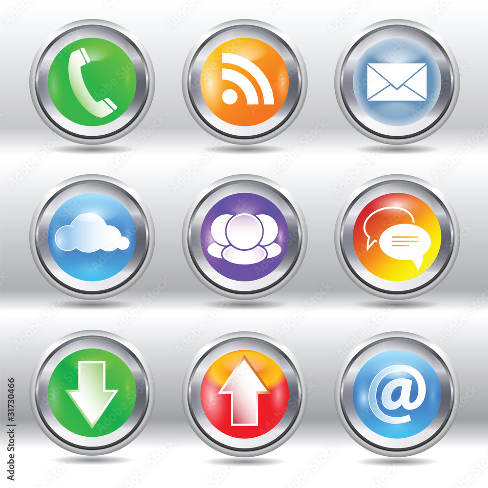Metallic stylish modern communication icon and label set Metallic stylish modern communication icon and label set