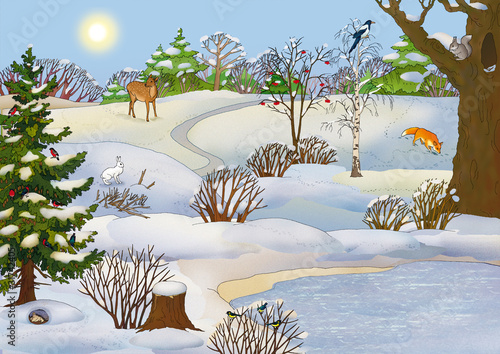 forest landscape with animals in winter