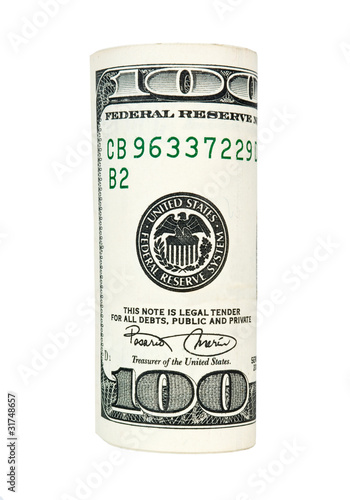 Rolled up100 dollar banknote isolated on white