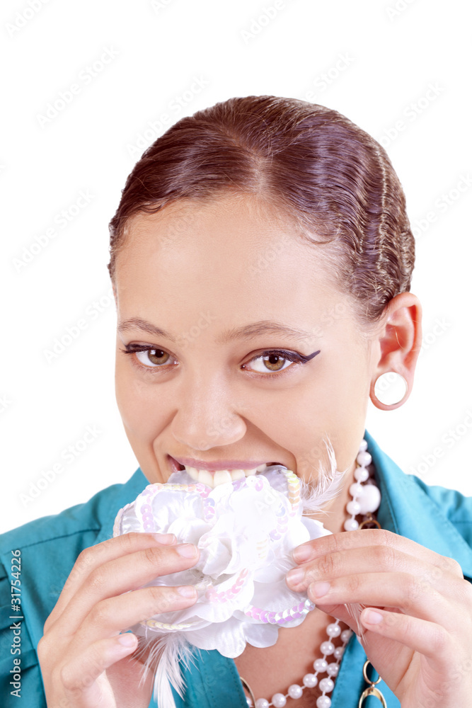 Portrait young mixed woman biting cloth flower Portrait young mixed woman biting cloth flower