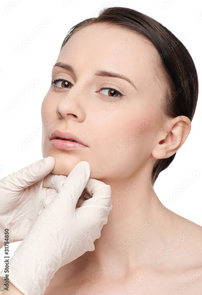 Beautician touch and exam health woman face. Beautician touch and exam health woman face.