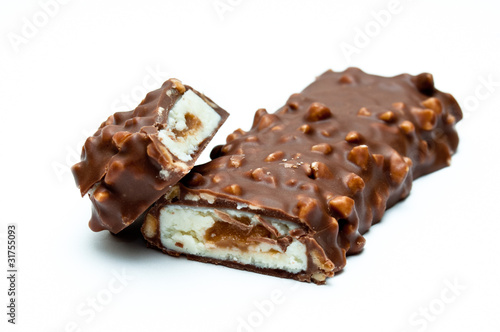 Chocholate and cheese dessert cut in half