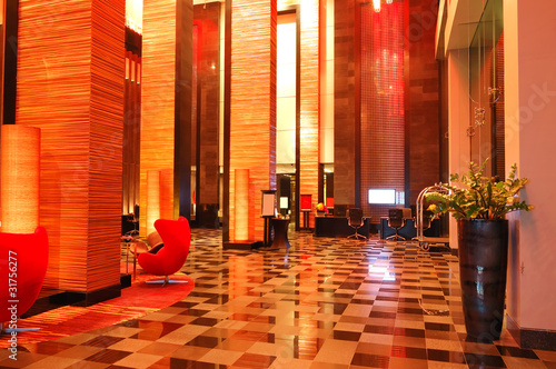 Modern lobby interior in night illumination, Pattaya, Thailand