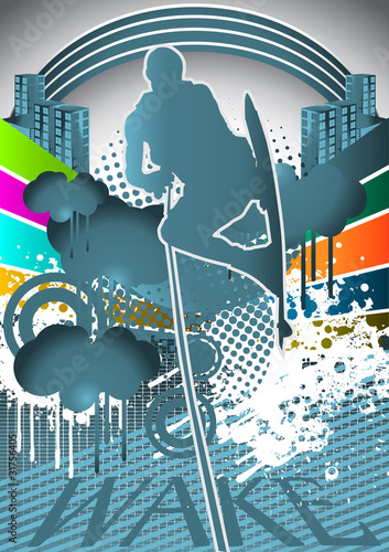 Abstract summer background with wakeboarder player silhouette