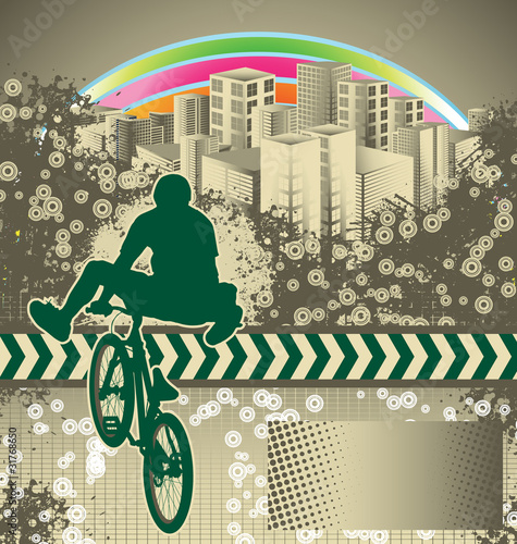 Abstract grunge background with bmx cyclist silhouette