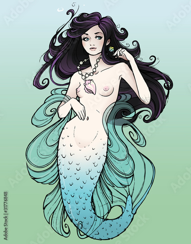 Nude mermaid with lollipop and curled fins
