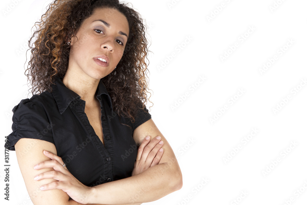 Confident looking woman on white background with space for copy Confident looking woman on white background with space for copy