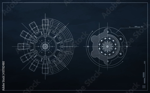 drawing mechanism on a dark background. blueprint