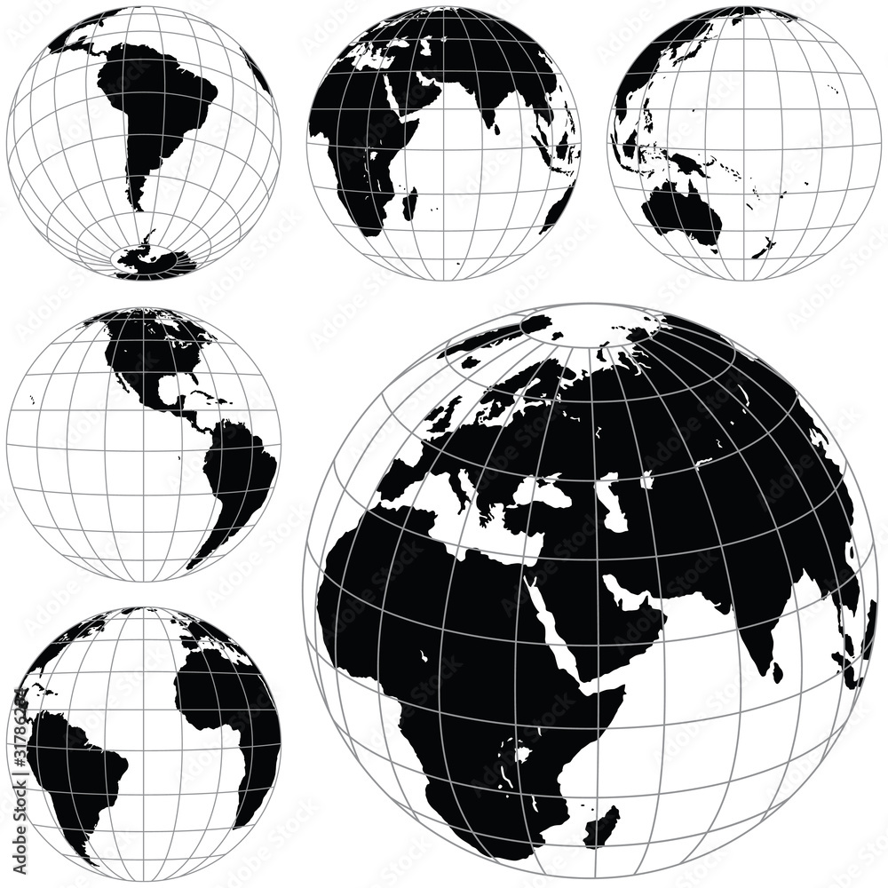 Obraz premium Black and white vector earth globes isolated on white.
