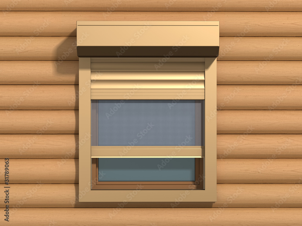 Window with rolling shutters system on the wooden wall