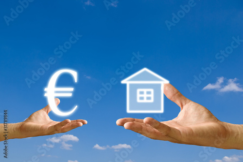 Small hand exchange Euro icon with house icon, Concept