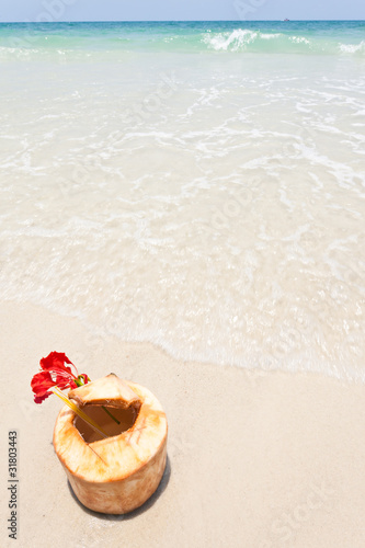 coconut on white sand and beautiful wave