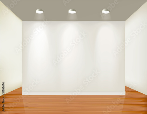 Empty frame on wall with spot lights and wood background