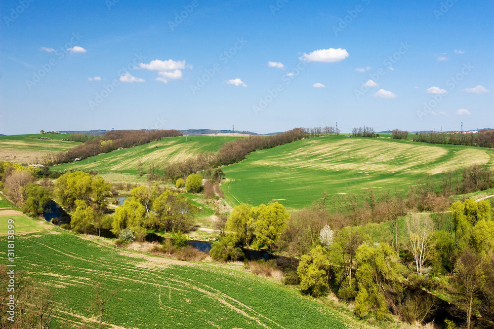 Spring countryside - river, trees, fields and blue sky