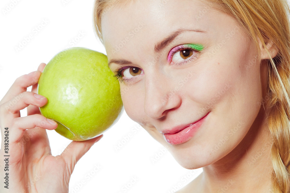 portrait of young woman with green apple isolated on white portrait of young woman with green apple isolated on white