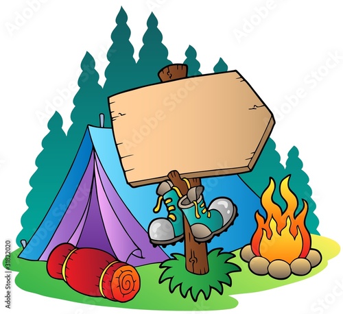 Camping wooden sign near tent