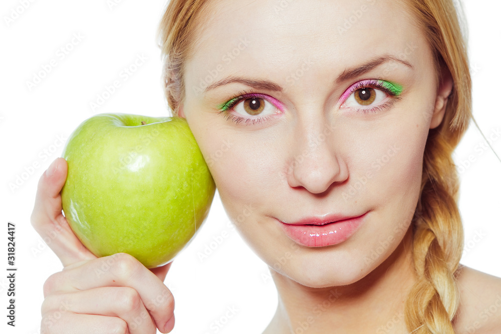 portrait of young woman with green apple isolated on white portrait of young woman with green apple isolated on white