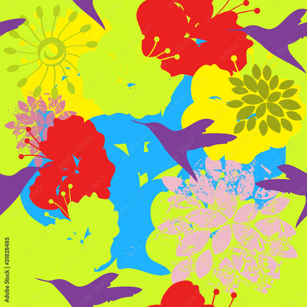 seamless floral pattern with humming-bird
