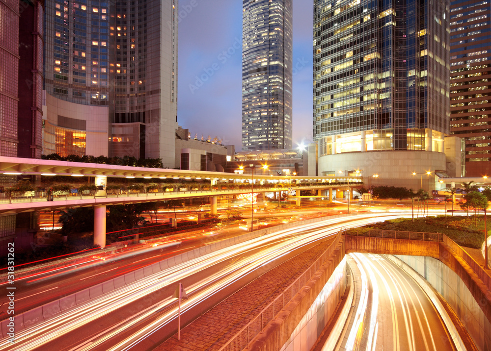 Traffic in downtown at night,hongkong city