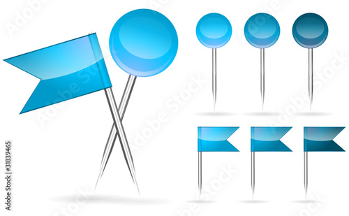blue flag and round pin isolated on white background