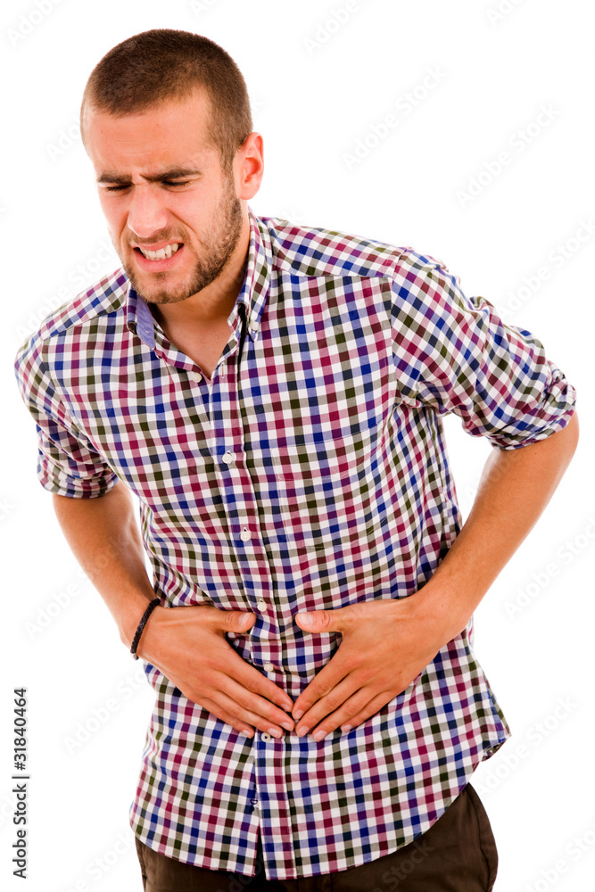 Young man with strong stomach pain isolated on white background Young man with strong stomach pain isolated on white background