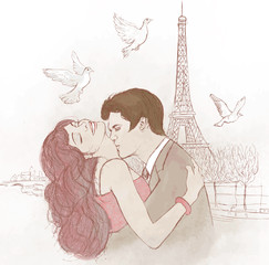 Fototapete Abbildung Paris Verliebtes Paar küsst sich in Paris  © Isaxar