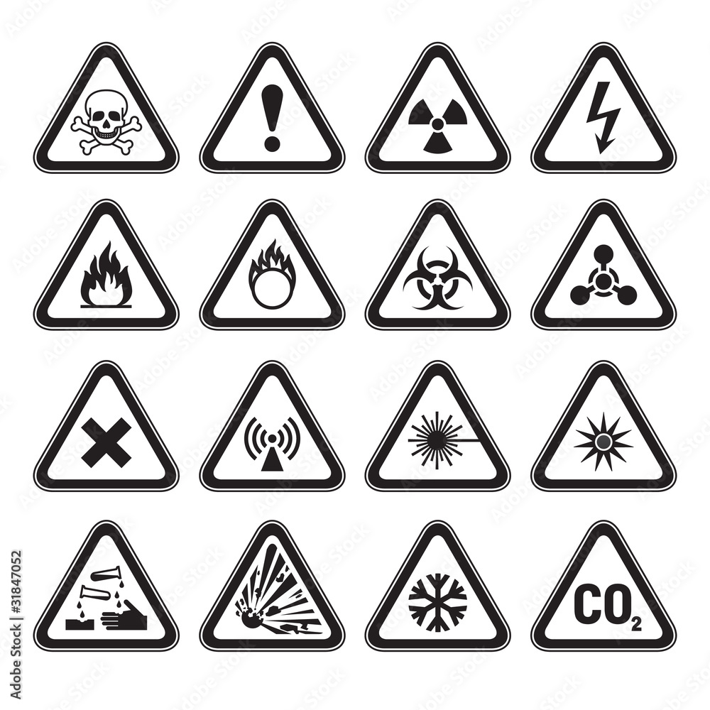 Set of Triangular Warning Hazard Signs black Set of Triangular Warning Hazard Signs black