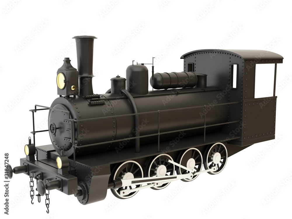 Old steam train isolated on white