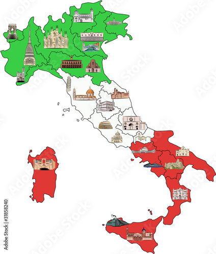 Map of Italy with sights in watercolor