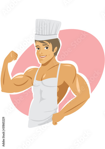 Naked muscular cook wearing apron
