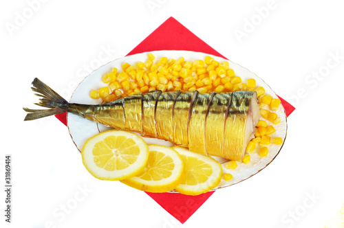 Hot smoked mackerel with lemon and corn