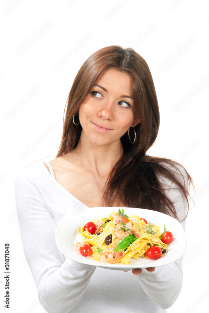 Pretty woman holding the plate with pappardelle pasta