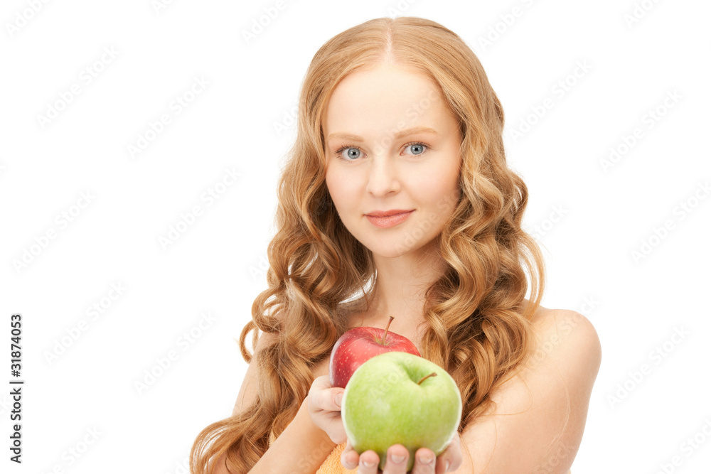 young beautiful woman with green and red apples young beautiful woman with green and red apples