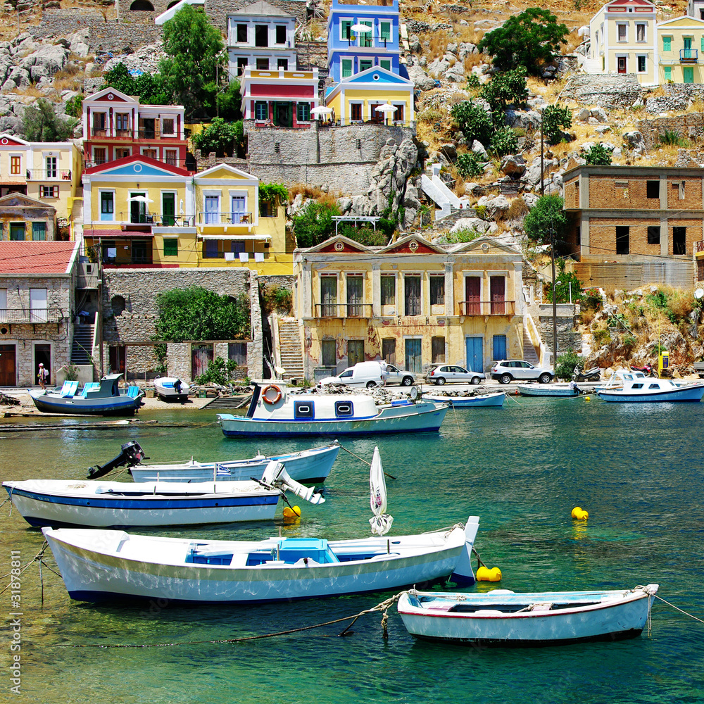 traditional Greece - Symi island, bay with boats