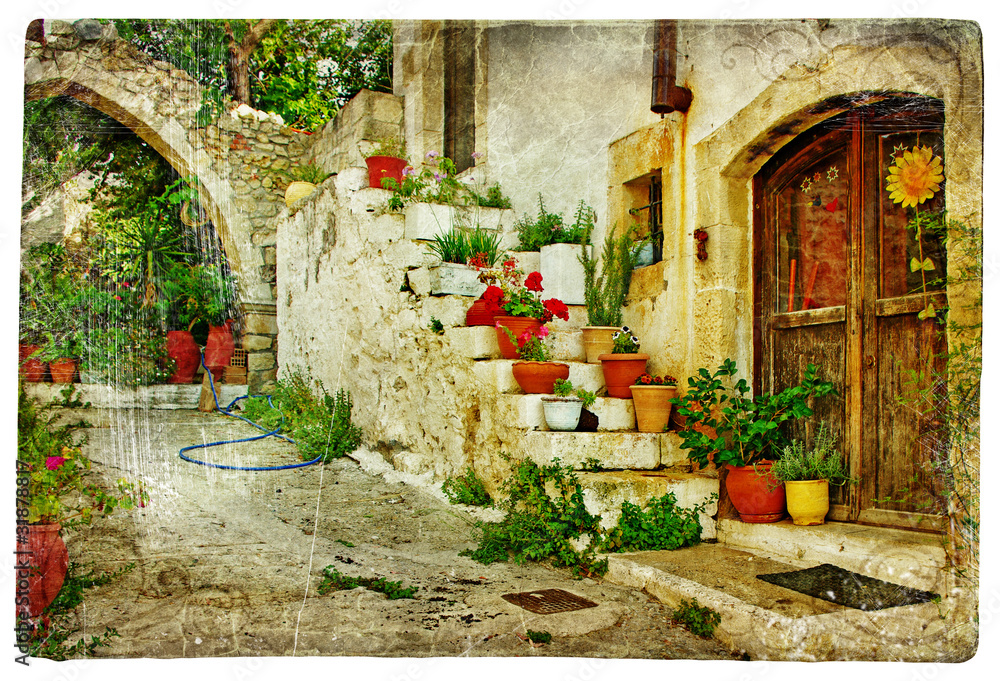 pictorial greek villages (Lutra)- artwork in retro style - obrazy, fototapety, plakaty 