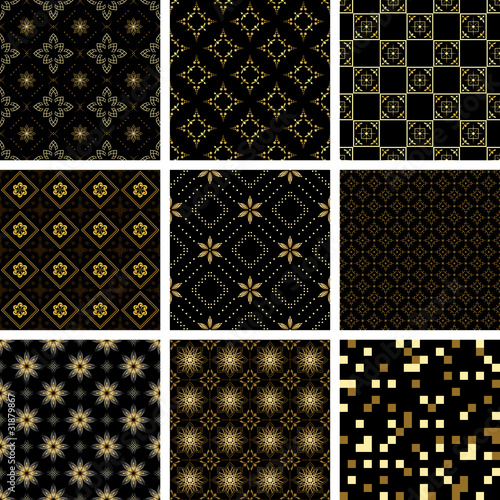 set of vector black geometric seamless textures with golden el