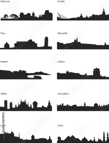 Vector silhouettes of European and Mediterranean Cities photo