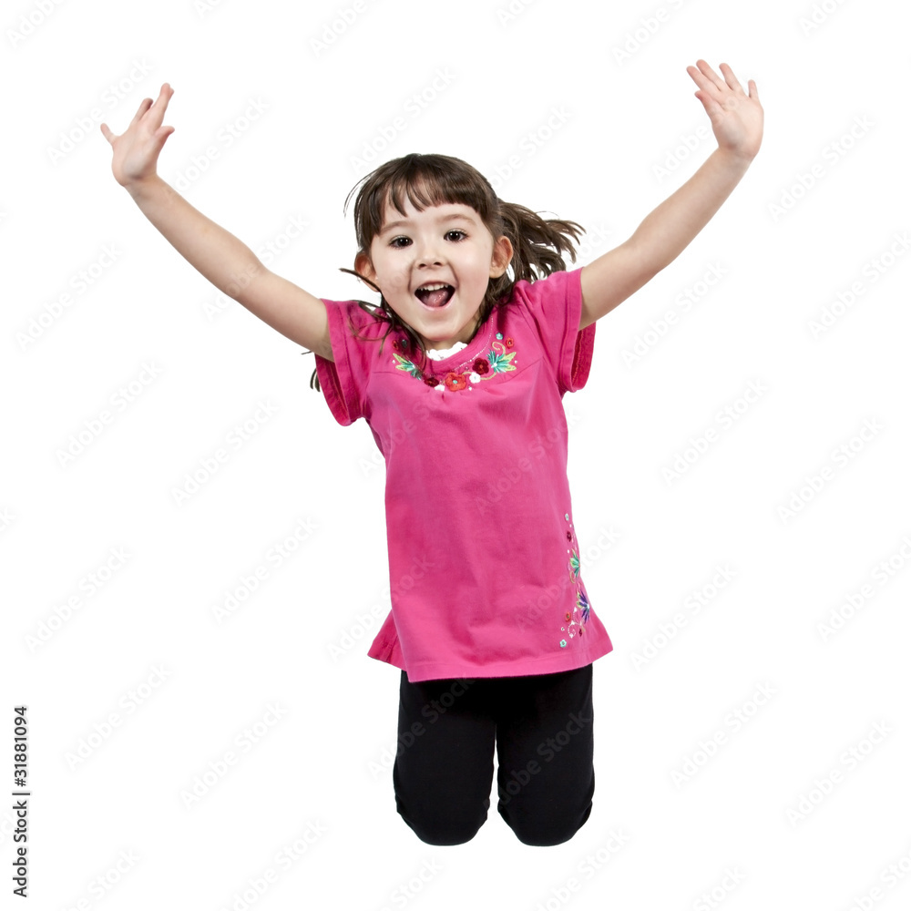Adorable little girl jumping in air. isolated on white backgrou Adorable little girl jumping in air. isolated on white backgrou