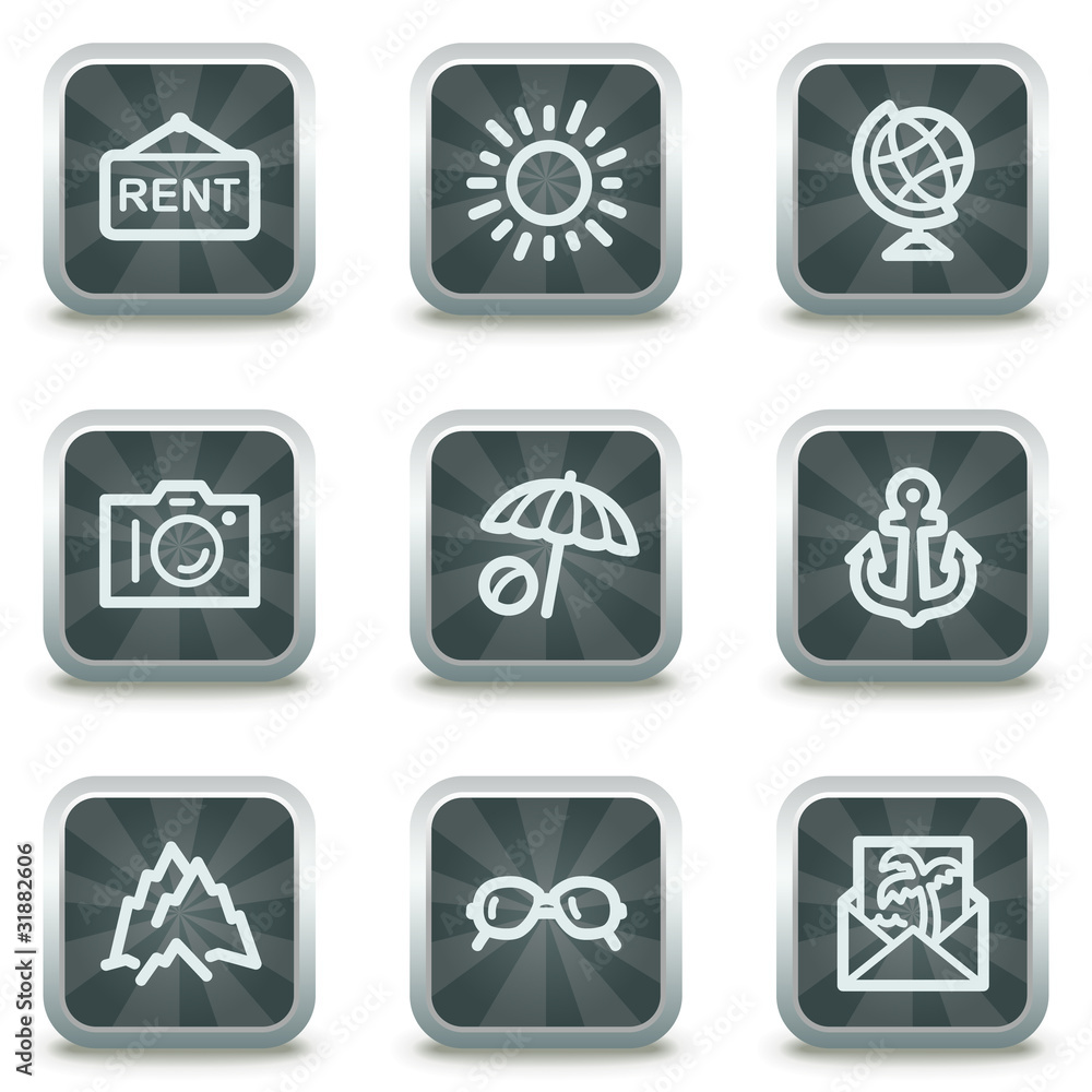 Travel web icons set 5, grey square buttons Travel web icons set 5, grey square buttons