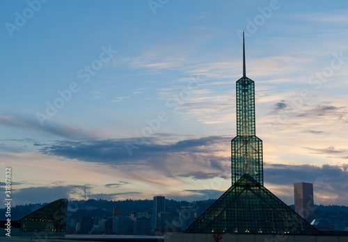 Portland Concention center glass tower at sunset