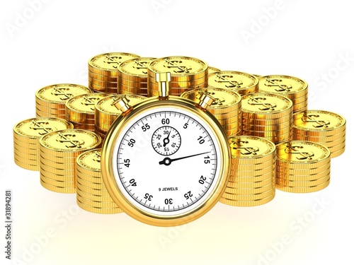 Pile of gold coins and stop watch isolated