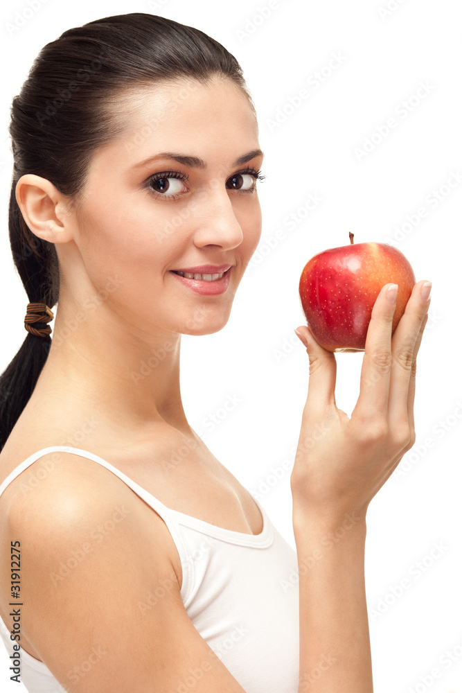 smiling woman with apple
