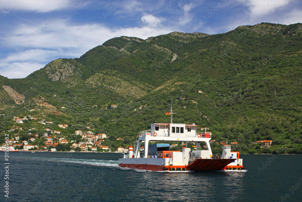 Ferry in the Kotor bay near Perast village, Montenegro